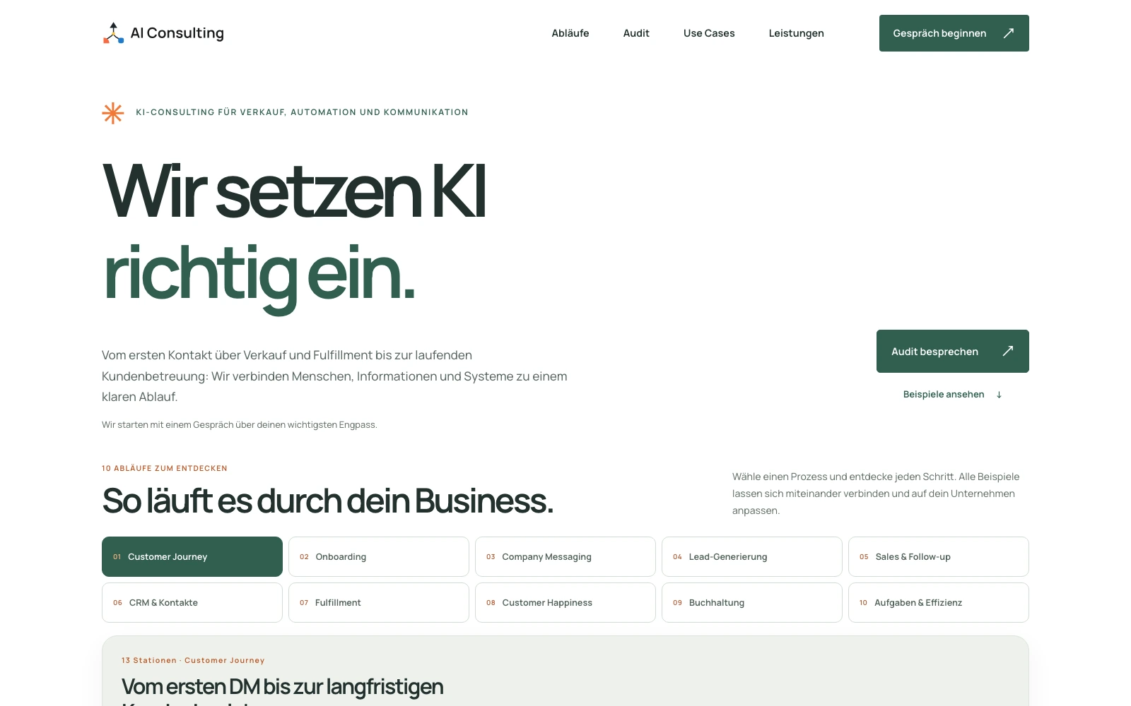 Aktuelle AI-Consulting-Startseite mit heller Gestaltung und grünen Akzenten