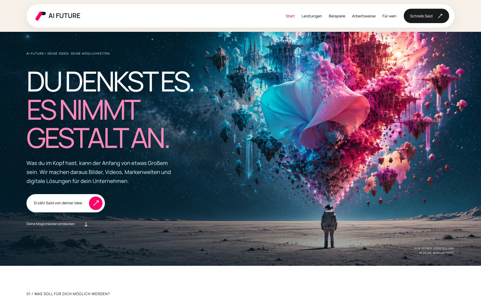 Aktuelle AI-FUTURE-Startseite mit dunkler kosmischer Gestaltung in Magenta und Cyan