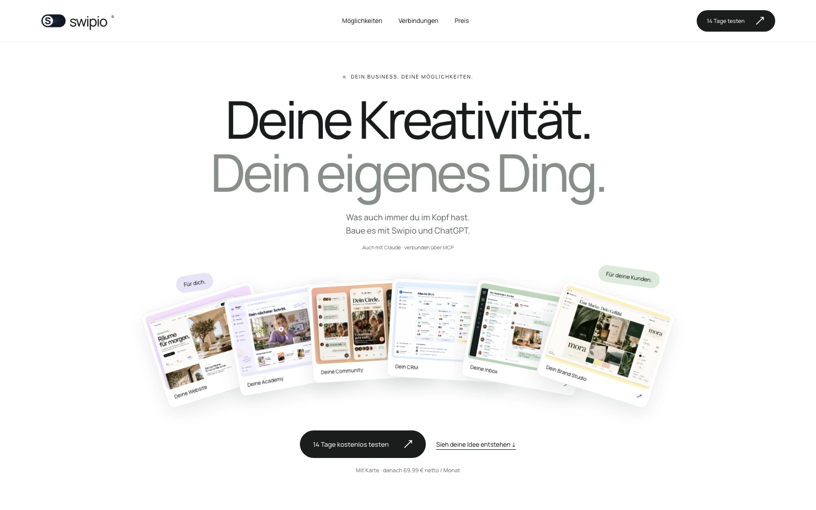 Aktuelle helle Swipio-Startseite mit aufgefächerten Produktvorschauen